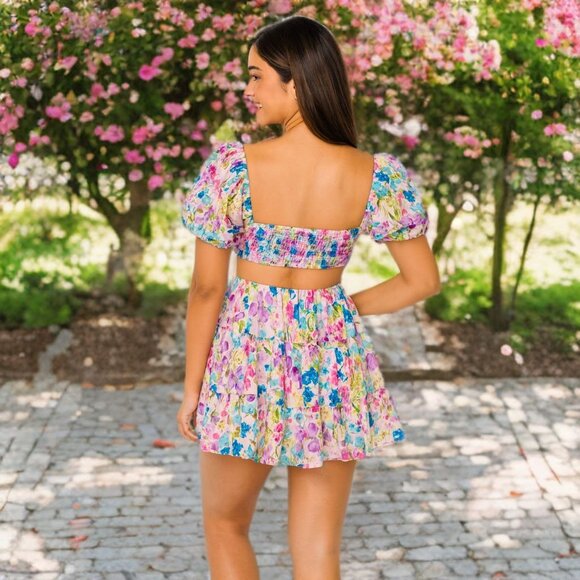 Sky To The Moon Cutout Floral Mini Dress Flare Puff Sleeve Smocked Open Back - Picture 3 of 12